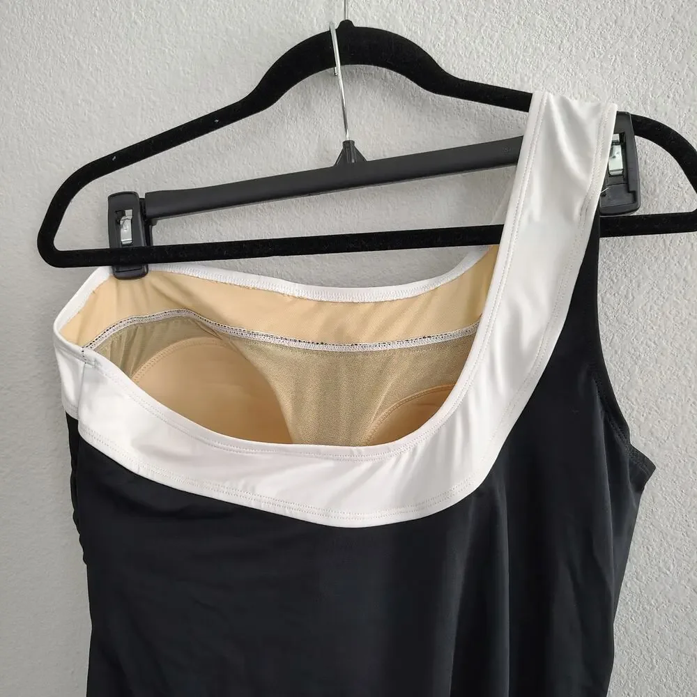 Swimsuits for All PlusSize 20 Black White Colorblock One Shoulder One Piece Swim